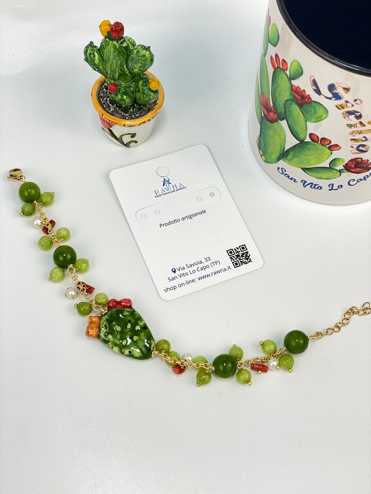 Braccialetto fico d'india in Ceramica di Caltagirone e agata verde-Rawna