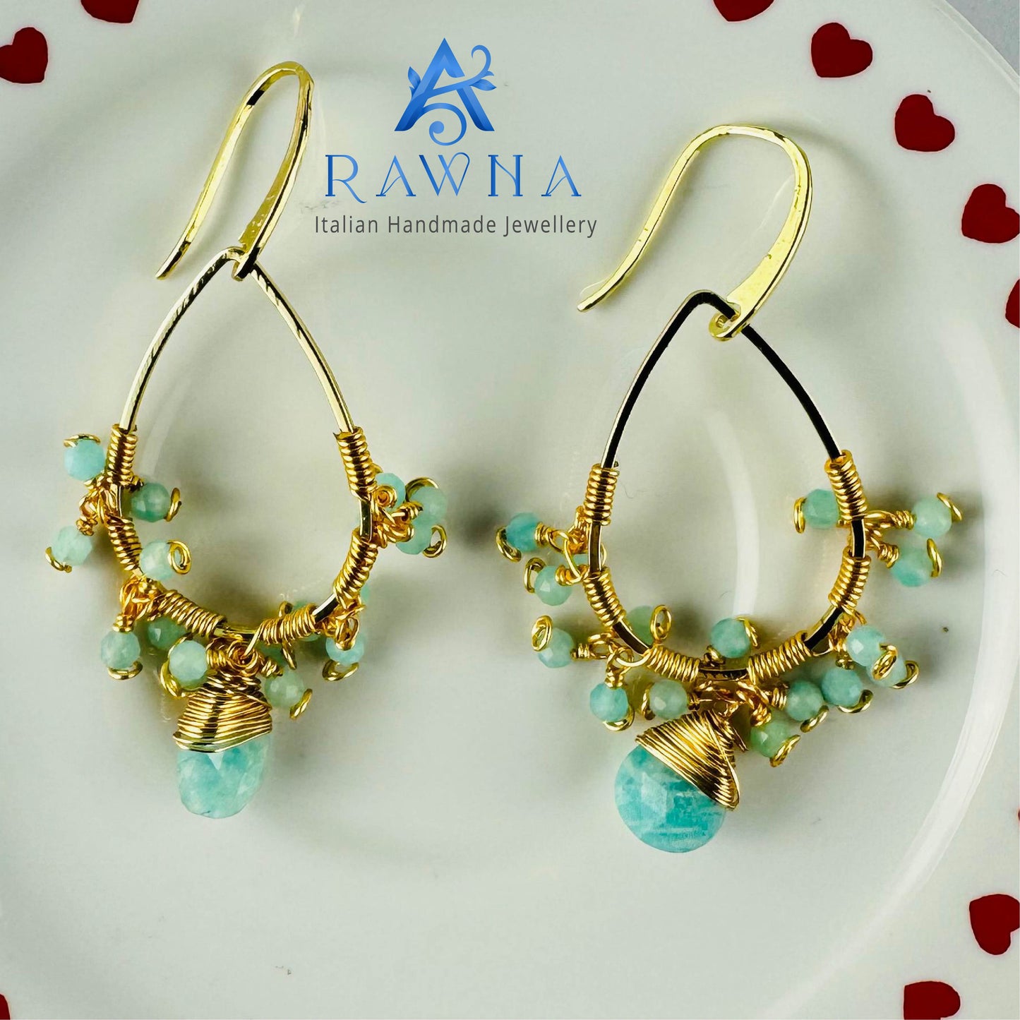 Handmade Natural Amazonite Earrings with High Quality Golden Brass Wire-Wrapping Design