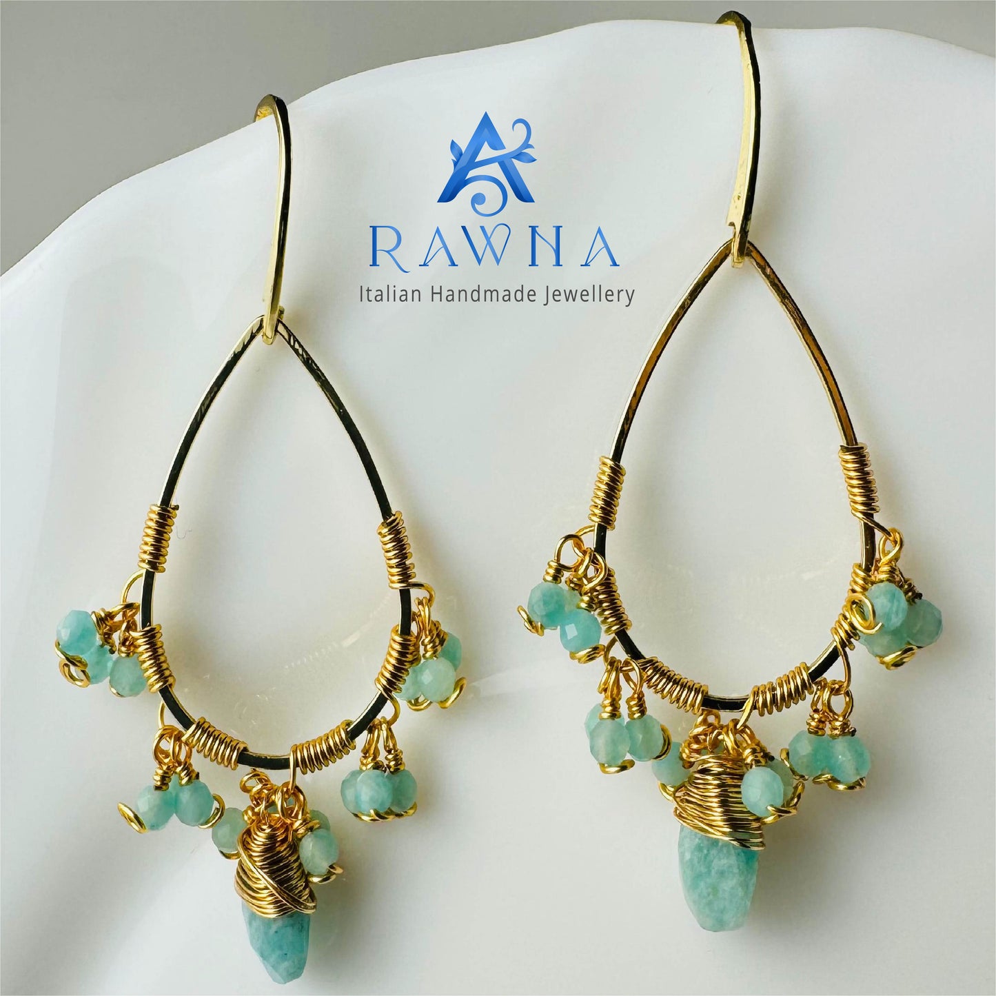 Handmade Natural Amazonite Earrings with High Quality Golden Brass Wire-Wrapping Design