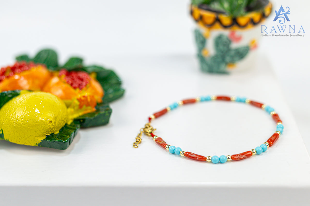 Bracciale artigianale RAWNA con corallo naturale e pasta di turchese