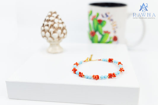 Bracciale artigianale RAWNA con corallo naturale, pasta di turchese ed ematite