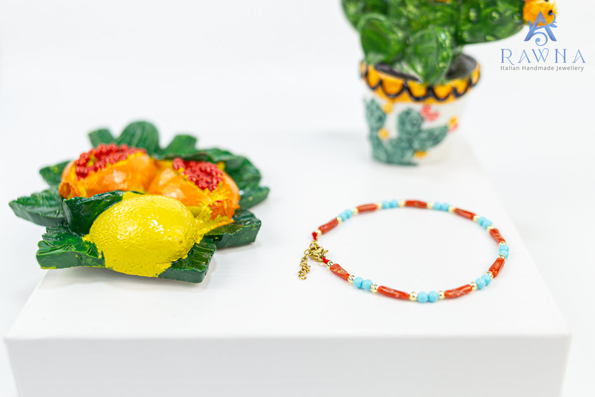 Bracciale artigianale RAWNA con corallo naturale e pasta di turchese