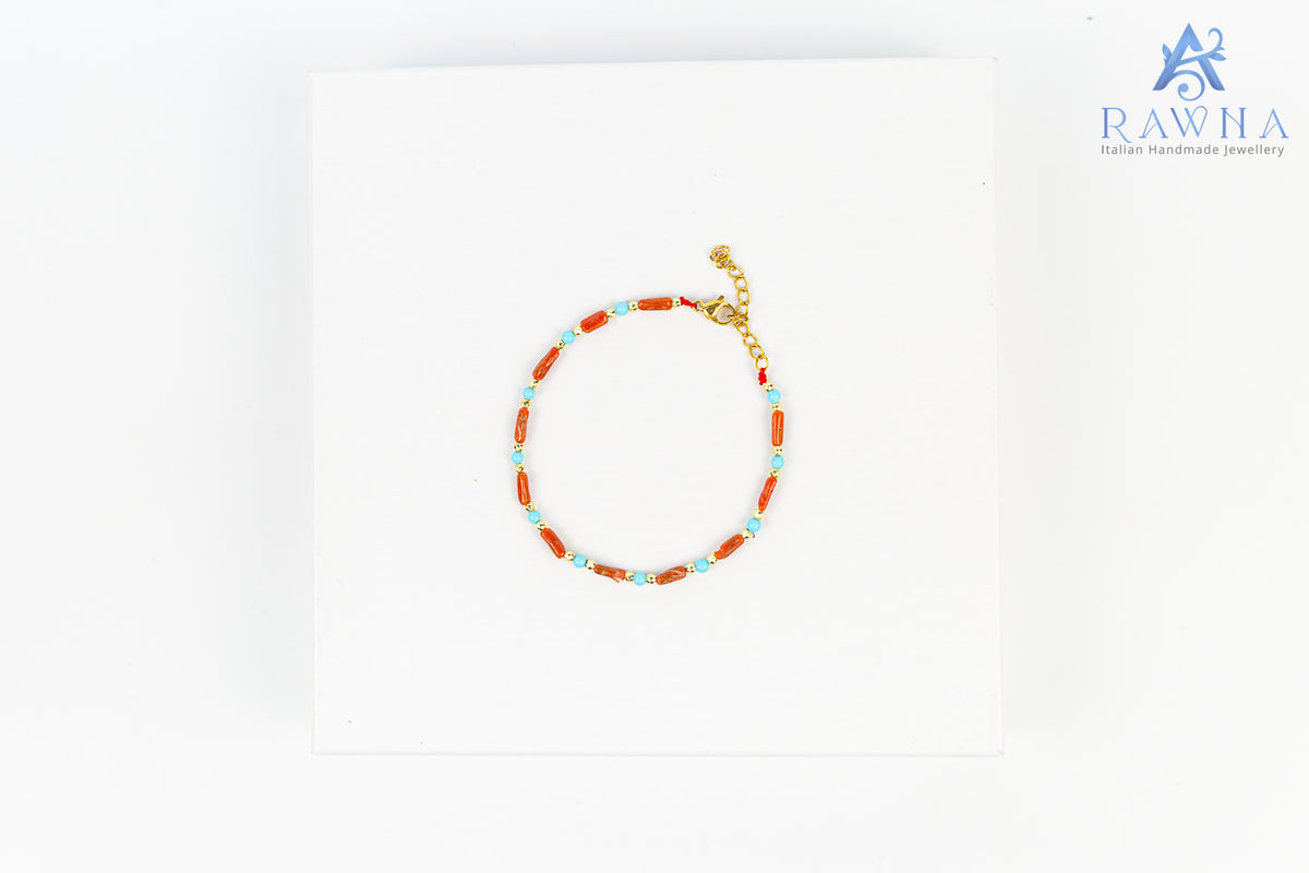 Bracciale artigianale RAWNA con corallo naturale, turchese e quattro fiore