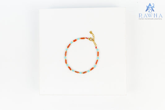 Bracciale artigianale RAWNA con corallo naturale, turchese e quattro fiore