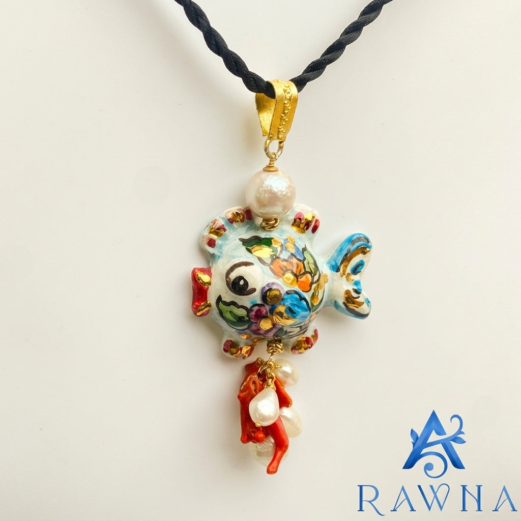 Collana artigianale con ciondolo a forma di pesce in ceramica dipinta a mano, perle coltivate bianche e corallo rosso pendente - RAWNA