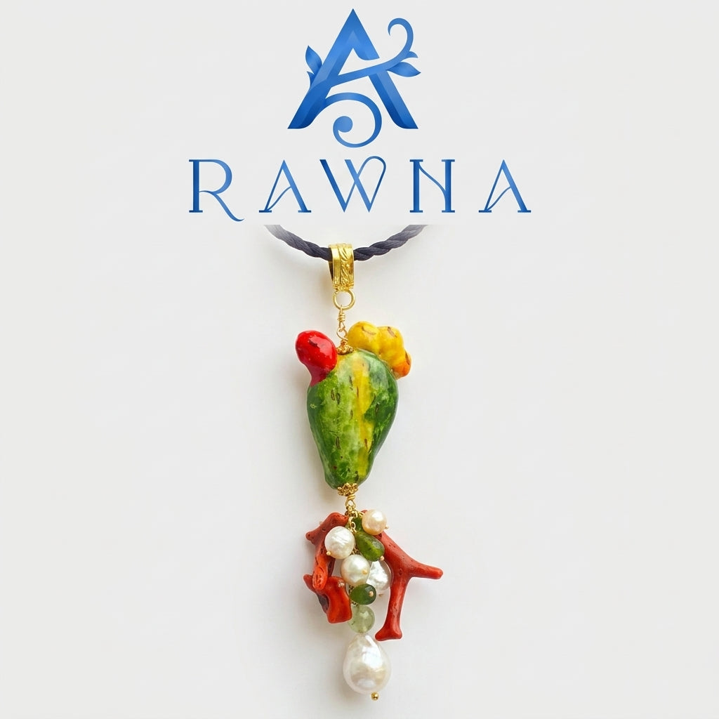 Collana artigianale con ciondolo a forma di Fico d'India siciliano in ceramica dipinta a mano, rametti di corallo rosso e perle coltivate bianche - RAWNA