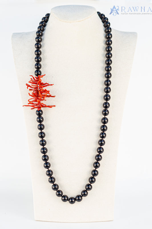 Collana lunga RAWNA in agata nera naturale da 10 mm e corallo rosso