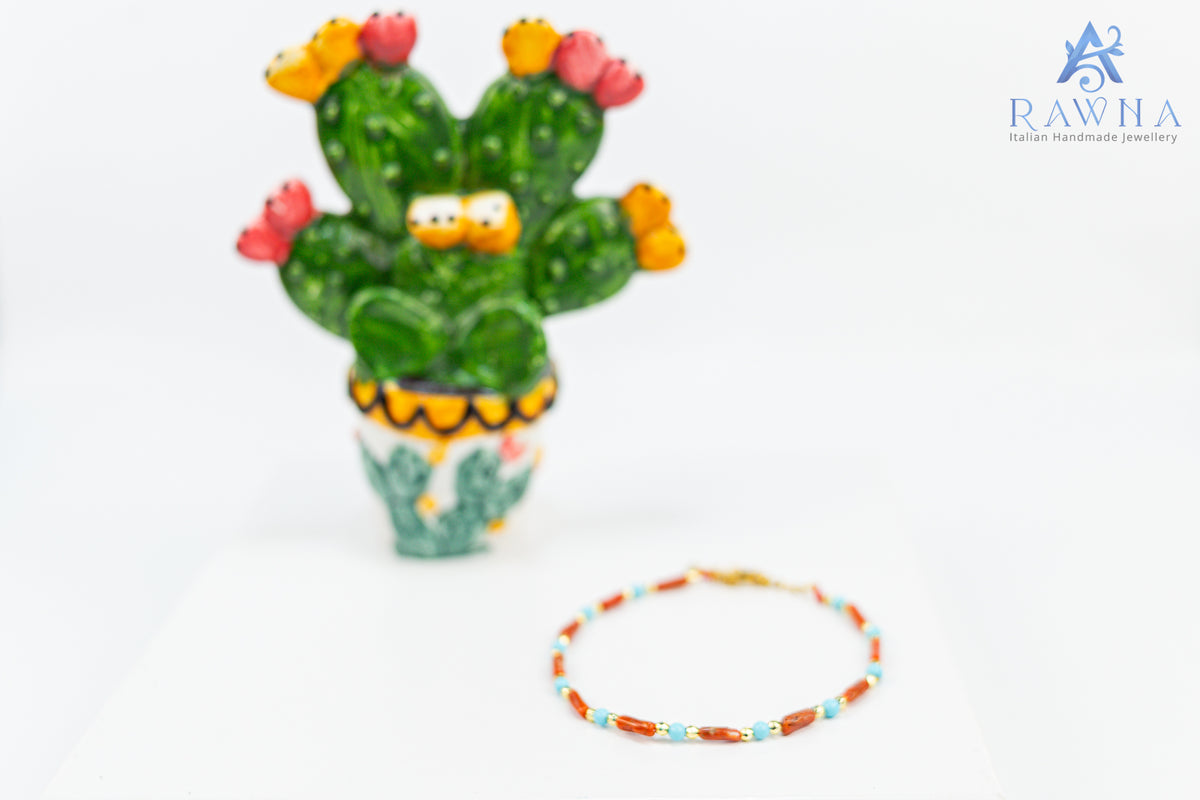 Bracciale artigianale RAWNA con corallo naturale, turchese e quattro fiore