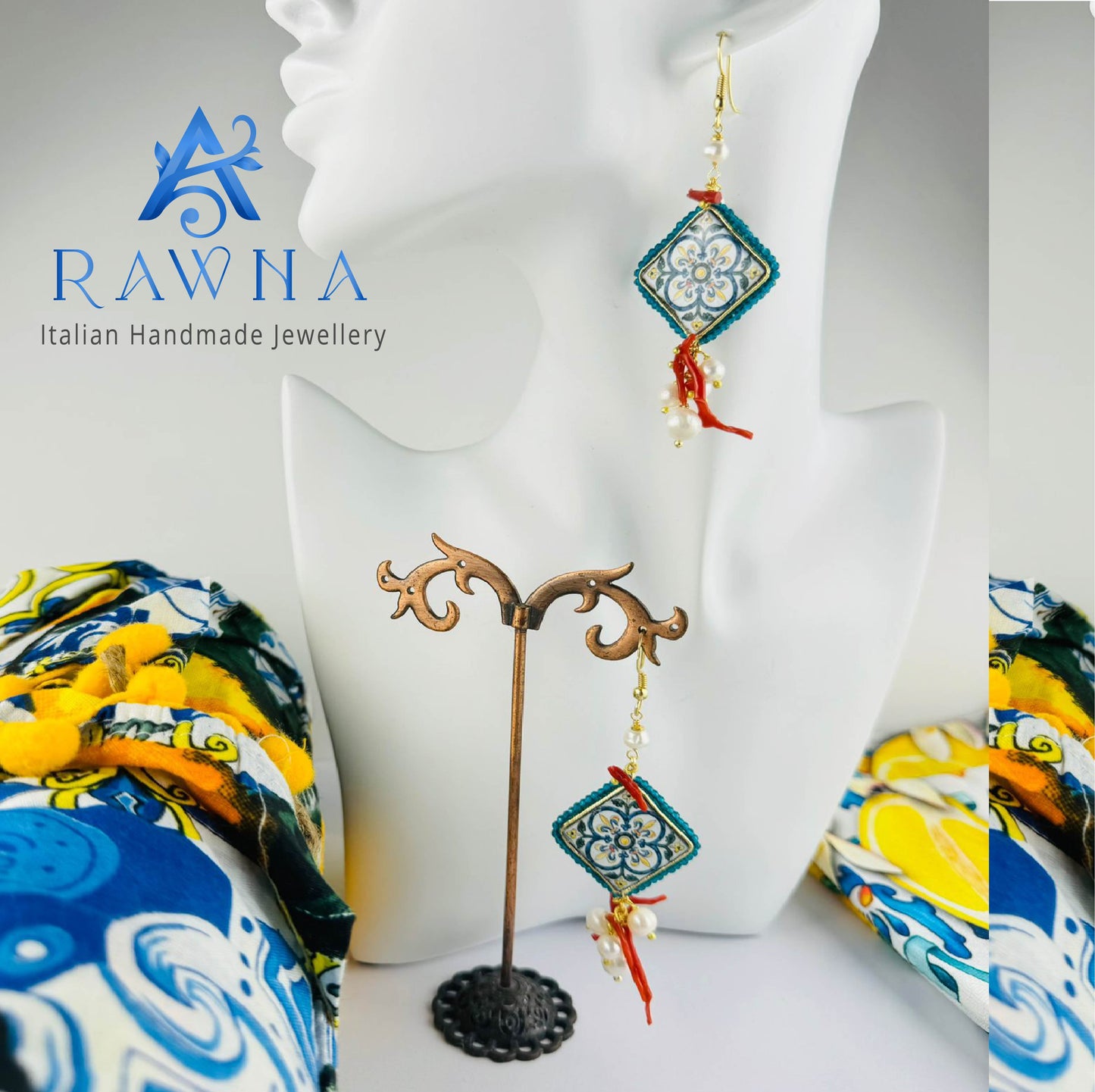 Orecchini in pietra lavica di Etna Maiolica siciliana-Rawna